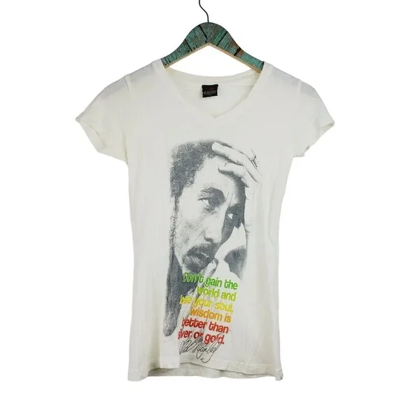 BOB MARLEY "Don't Gain The World And Lose Your Soul" White V-Neck T-Shirt Sz S - Picture 1 of 6